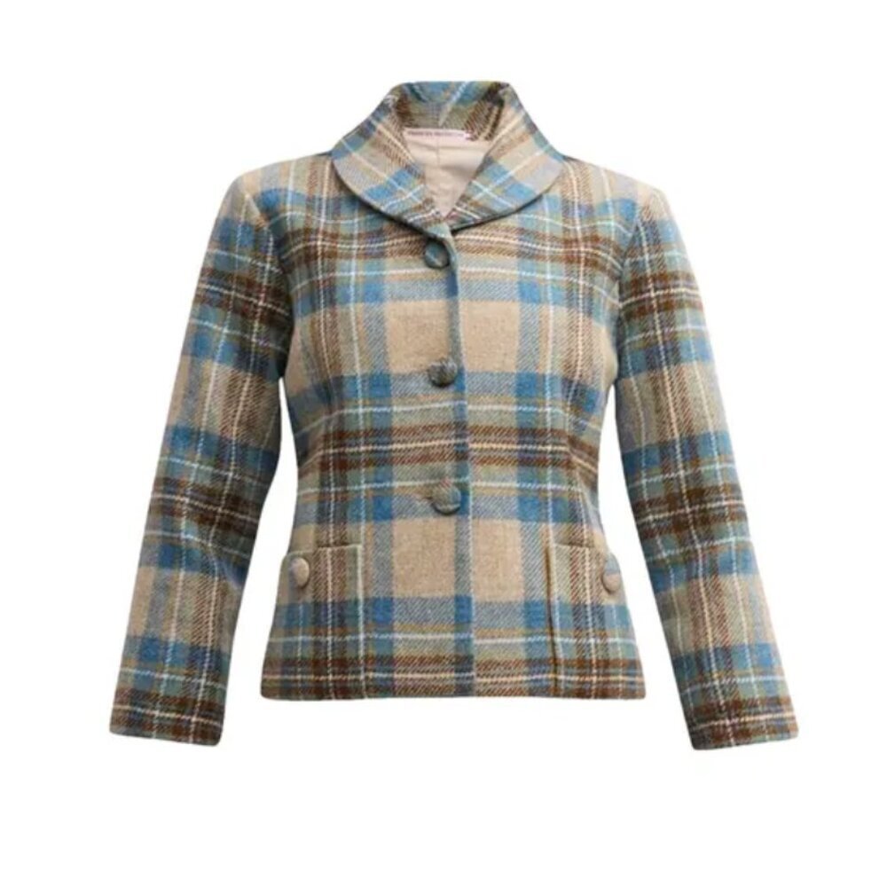 NWT Frances Valentine Finley Wool Blazer Jacket Womens Large Blue Tan Plaid NEW